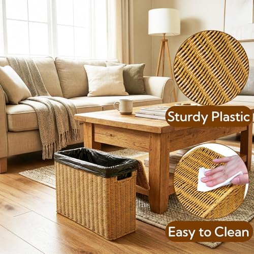 Pumtus Woven Storage Basket with Lid, 3 Gallon Decorative Plastic Organizer Box with Handle, Rectangle Narrow Tall Trash Can Toilet Paper Holder, Household Container Bin for Wardrobe, Magazines, Toys