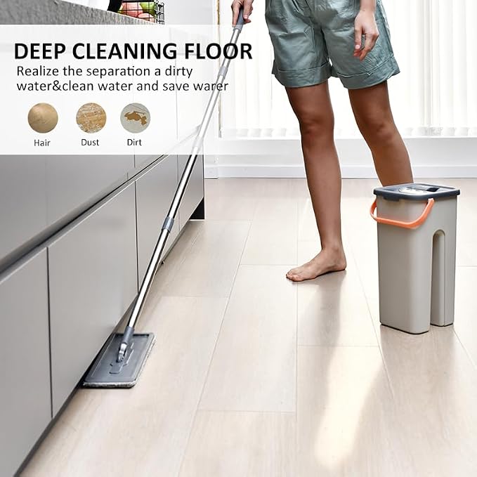 360° Microfiber Flat Mop with Hands-Free Self-Cleaning Bucket, Wash & Dry Dual Chamber System, Adjustable Handle, Includes 2 Microfiber Mop Pads, Wet & Dry Floor Cleaning - (LV-F02)