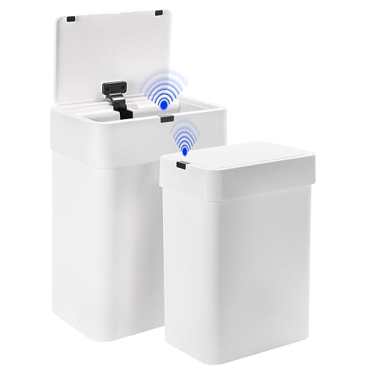 SYNCVIBE 2 Pack Bathroom Trash Can with Lid - 2.5 Gal and 4 Gal Motion Sensor Garbage Bin, Smart Rubbish Bin, Waterproof Slim Dustbin, Automatic Plastic Trash Can for Bathroom, Office, White
