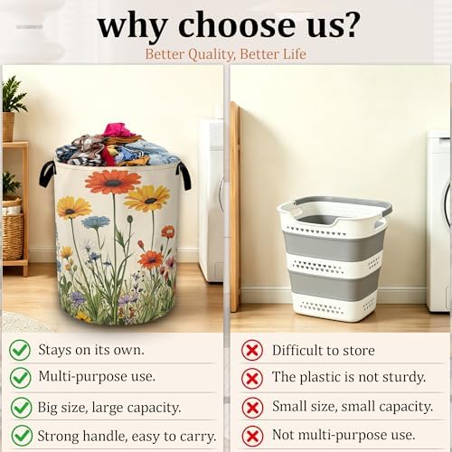 Daisy Wildflowers Large Laundry Basket, Foldable Laundry Hamper with Waterproof Coating and Reinforced Handles, Clothes Storage Bin for Dorm Bedroom