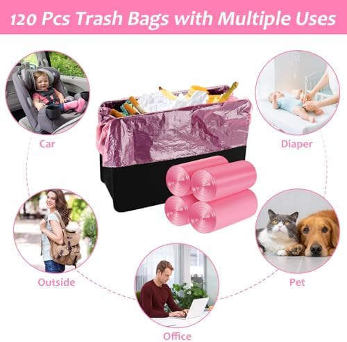 Accmor Mini Car Trash Can Bags for Auto Trash Bin, 120 Count Small Garbage Organizer Bags Tear-Resistant, Liner Refills (Vehicle Trash Can is not Included), Pink