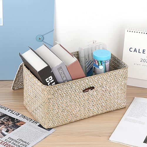 Sumnacon Wicker Basket with Lid,Tampon Holder for Bathroom,Whitewash,Medium | Natural Seagrass Female Product Organizer for Toiletries Pad Tampon Storage,Farmhouse Woven Baskets for Shelf, Toilet Tank