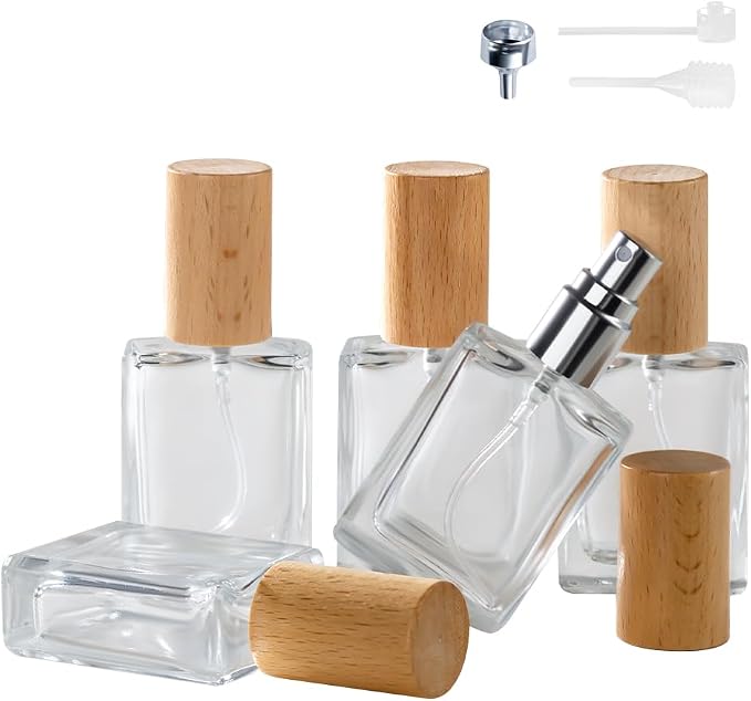 Perfume Atomizer, Refillable Spray Perfume Bottles 5pcs 0.5oz/15ml | Real Wood Lid, Classic Looking, Leak-Proof, Compact Size, Solid Bottle, Daily Touch-Up Spraying