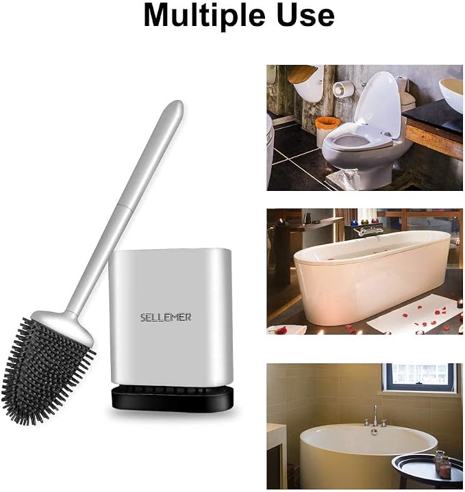 Silicone Toilet Brush, Ventilation Slots Base Holder 2 Pack Silver | Flexible Bristles Flat Head for Rim, Hair Tangle-Free, Easy to Clean, Compact Design, Rustproof Handle, for Toilet/Sink/Tub