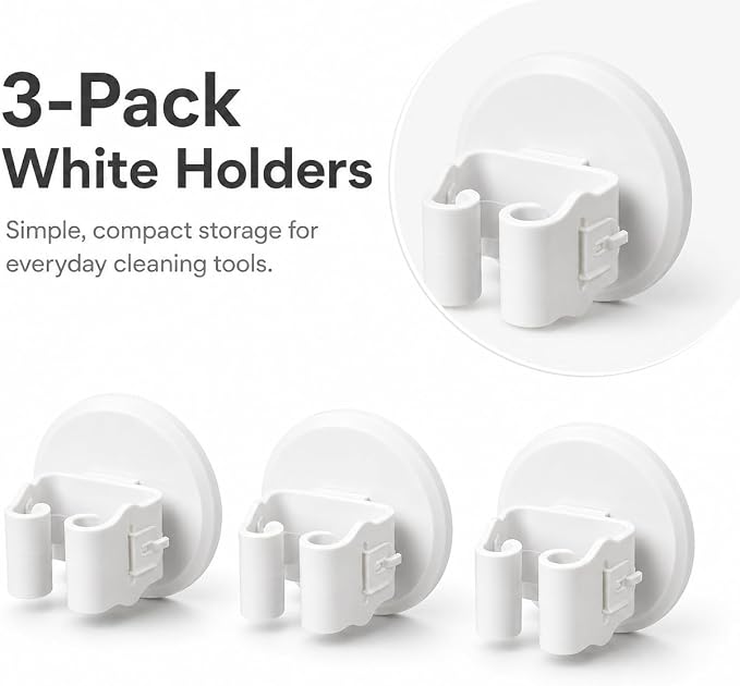 Broom and Mop Holder, Wall Mounted Round Clips, White ABS, No Drill Adhesive, 3 Pieces, Cleaning Tool Organizer for Kitchen, Bathroom, Garage
