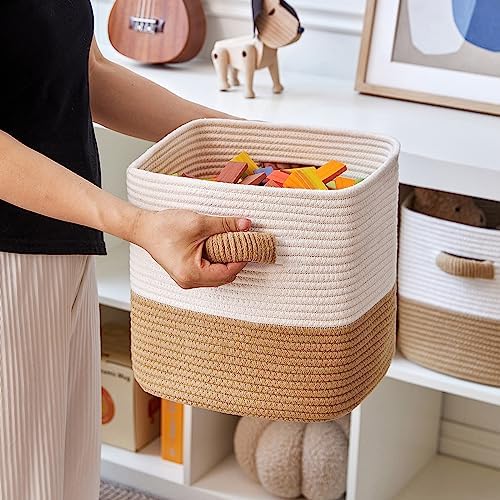 R RUNKA Storage Cube Baskets for Organizing -3 Pack -11 inch Square Baskets for Cube Storage, Closet Storage Bins-Woven Cube Storage Bins for Shelves- Ideal for Toy Storage |White & Khaki