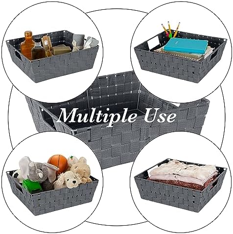 Simplify Large Shelf Woven Strap Tote | Decorative Storage Basket | Built in Handles | Organization | Closet | Bedroom | Bathroom | Nursery | Accessories | Toys | Gifts | 2 Pack | Grey