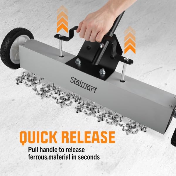 Stalwart Magnetic Sweeper with Wheels - Rolling Nail Magnet Tool, 24-Inch | Magnetic Pickup Tool with Adjustable Handle and 30 to 50-Pound Capacity