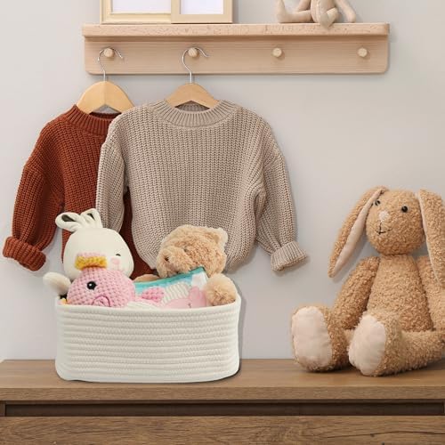XUANGUO Small Woven Storage Baskets for Shelves, 12" x 8" x 5", White | Decorative rope storage bins for closets and toy storage; cute organizer baskets, empty gift baskets and nursery storage.