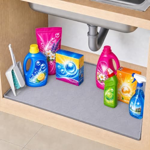 34"x22" Silicone Under Sink Mat Waterproof Cabinet Liner(Gray) | Leak-Proof Silicone Cabinet Protector with Raised Edges, Keeps Kitchen & Bathroom Cabinets Safe from Water Damage