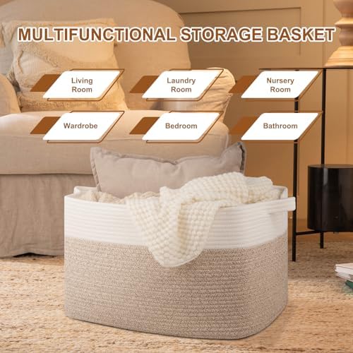 OIASKET Blanket Basket for Living Room, Cotton Rope Basket for Storage, Toy Baskets Bin for kids, Woven Baskets with Handles for Clothes, Towels, Pillows, 20" x 16" x 12", Brown and White