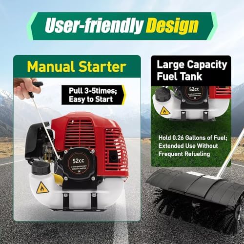 Portable Held Gas Power Broom 52cc Gasoline 2 Stroke Engine Power Snow Sweeping Broom Cleaner Tools for Cleaning Driveway Turf Lawns Artificial Grass