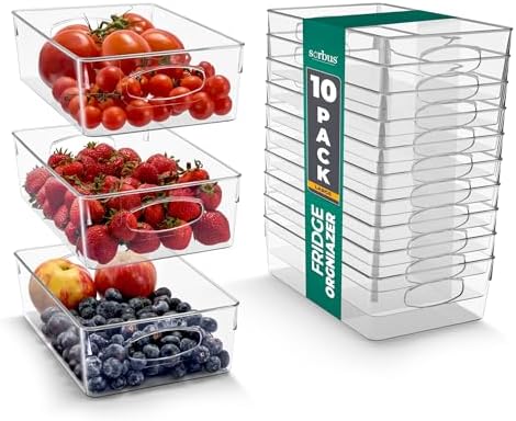 Sorbus Fridge Organizers and Storage, Clear Bins (Large, 10 Pack) | Plastic bin with easy access for cabinets, packaged food, produce and household supplies; contents stay visible for sorting