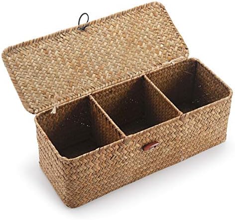 DECRAFTS Seagrass Storage Basket with Lid Rectangular Small Woven Shelf Baskets with Sections for Organize Snack Toys Tampon