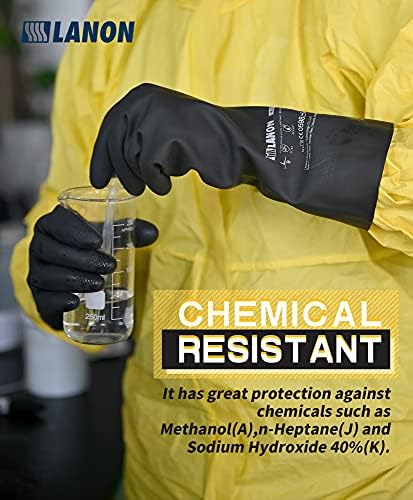 LANON Rubber Chemical Resistant Gloves,Heavy-duty Work,Unlined,Black,Large | Heavy-Duty Work,Cleaning,Waterproof,Unlined,Reusable,Comfortable,Durable,Non-Slip,Acid,Solvent,Alkali & mechanical risks.