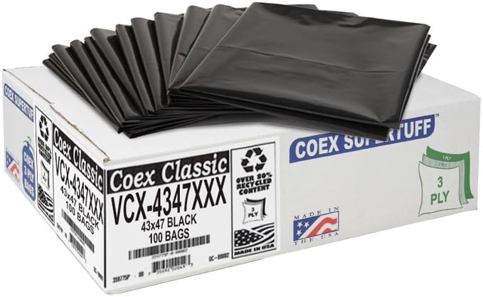 Aluf Plastics 56 Gallon Trash Bags - 2.0 MIL (eq) Black Heavy Duty Trash Can Liners - 43" x 47" - Pack of 100 - For Contractor, Industrial, Commercial, & Outdoor
