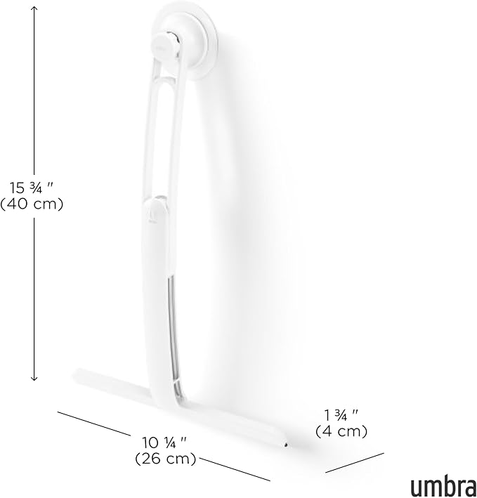 Umbra Flex Adhesive Shower Squeegee, Extendable Handle, 16-Inch, White | Rust-proof silicone blade, non-damaging wall installation, fits tiles and drywall, streak-free results, recycled plastic
