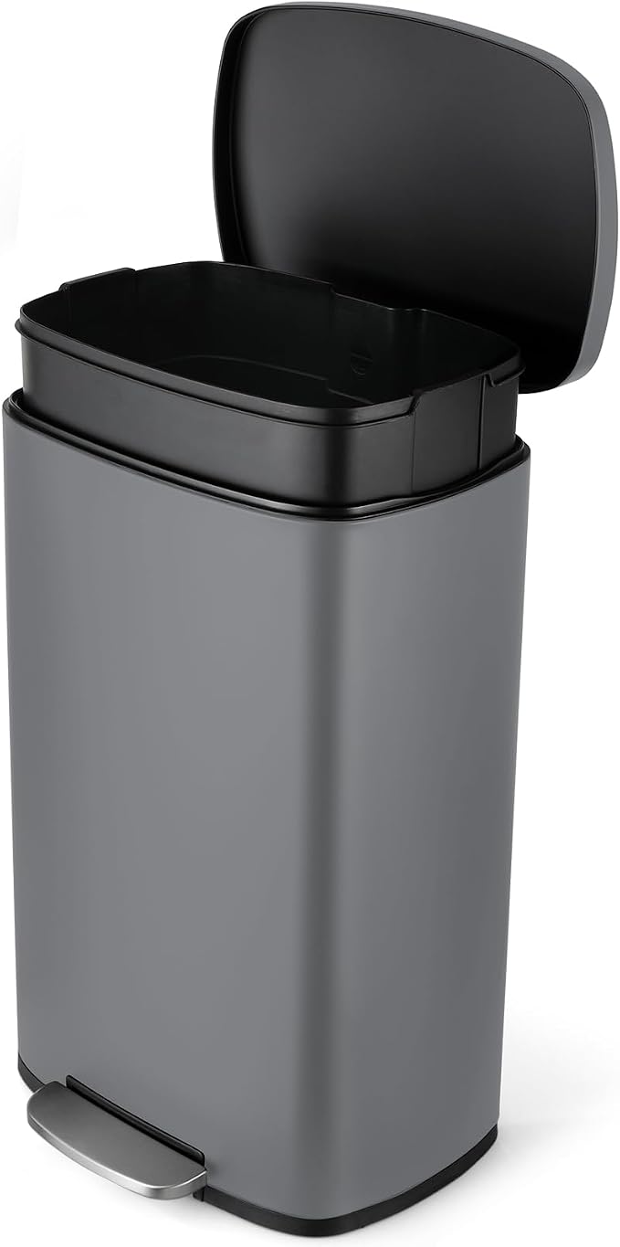 8 Gal Kitchen Trash Can, 30L Recycling or Garbage Bin, with Step-On Pedal | Brushed Stainless Steel Waste Basket, Soft&Quiet Close Dustbin, Removable Inner Bucket, for Home, Office, Living Room