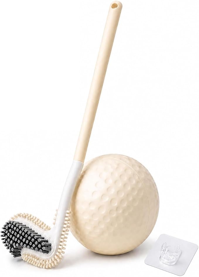 ZICO Golf-Shaped Toilet Brush with Wall-Mounted Holder, Dual-Sided TPR and Dense Bristle Brush Head, 360° Reach for Rim, Drain and Inner Bowl Cleaning, Cream Yellow Bathroom Cleaning Brush