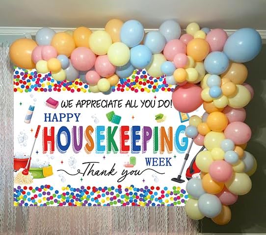 Happy Housekeeping Week Banner Backdrop 8x6FT Thank You Cleaning Staff Background for Housekeeper Appreciation, Environmental Services Week Party Decorations Photo Props