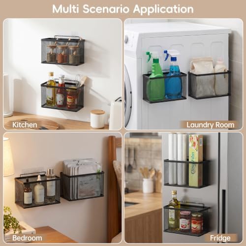 Adhesive Cabinet Door Organizer, 2 Pack Metal Baskets for Kitchen | No-Drill Wall Mounted, Holds Up to 8.8 lbs, for Pantry, Under Sink, Laundry Room & Bathroom Space Saving Storage Caddy