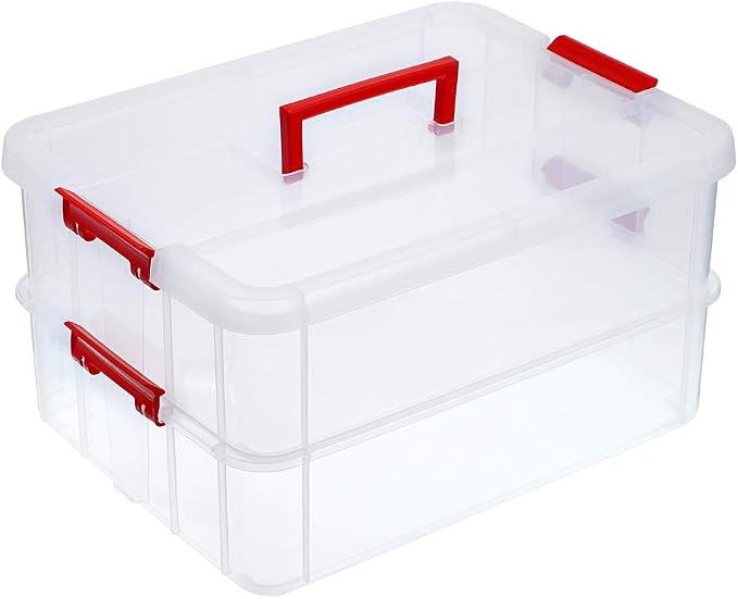 BTSKY 2 Layer Stack & Carry Box, Plastic Multipurpose Portable Storage Container Box Handled Organizer Storage Box for Organizing Stationery, Sewing, Art Craft, Jewelry and Beauty Supplies(Red) | Multipurpose Craft Organizers and Storage for Organizing...