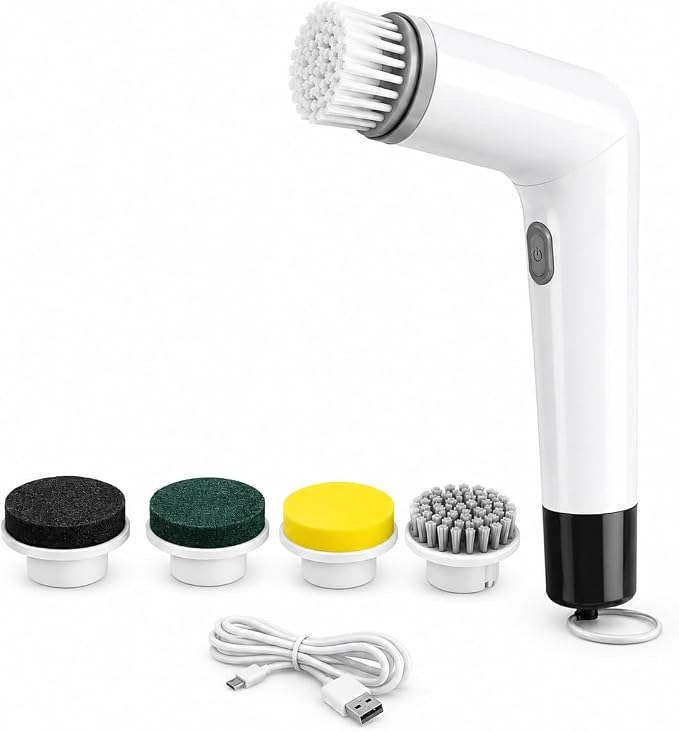 Electric Spin Scrubber Cordless Cleaning Brush, USB Rechargeable Power Scrubber for Bathroom, Kitchen, Tile, Grout, Sink & Shower Cleaning, 4 Replaceable Brush Heads, Portable Handheld Cleaning Tool