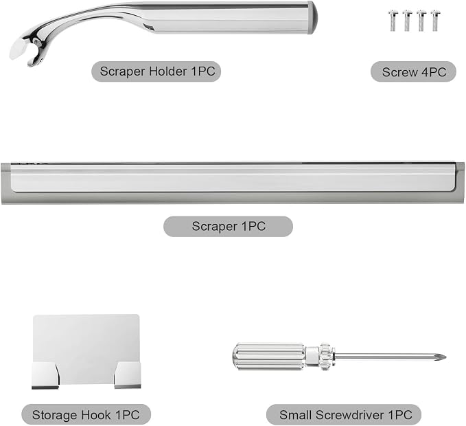 Shower Squeegee for Glass Doors, Stainless Steel Shower Squeegee for Bathroom, Window and Tiles, All-Purpose Squeegee with Adhesive Hook-10”, Chrome