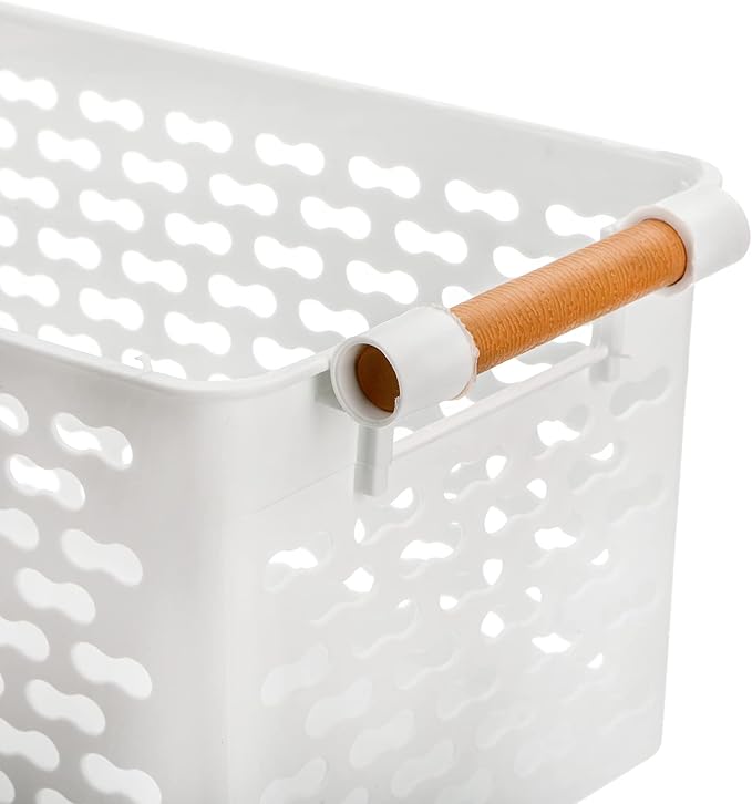 Yesland 6 Pack Plastic Storage Basket (10" L x 5" W x 5" H), White Organizing Bins with Handles, Sturdy Closet Baskets for CD/Office Supplies, Small Bathroom Pantry Kitchen Organizer