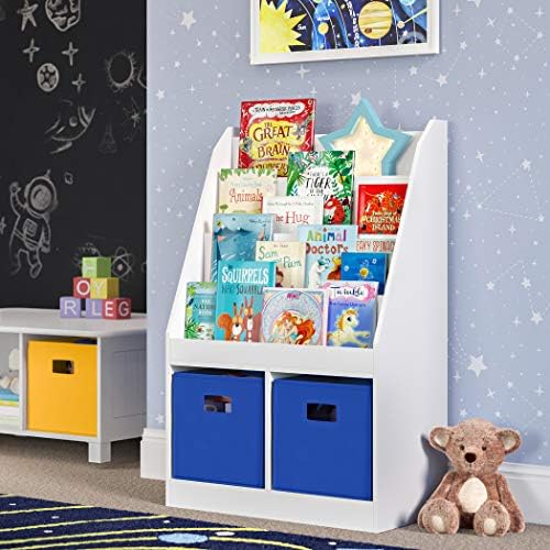 RiverRidge Folding Storage Bins - 4-pack of 10in Tall Blue Cubes | Fabric Bins, Set of 4 Storage Cubes, Cut-out Handles, Playroom Closet Organizer, Collapsible Cubby with Bottom Board Insert