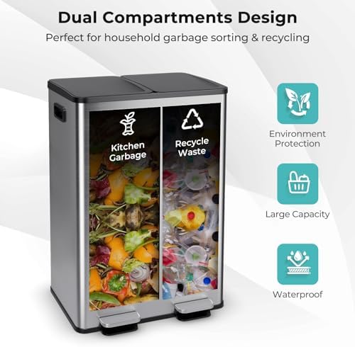 Goplus Dual Trash Can, 16 Gallon/ (2x30L) Double Trash and Recycling Bin Combo for Kitchen, Stainless Steel Garbage Can with 2 Removable Inner Buckets, Soft Closure & Step-on Pedal