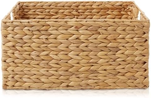 Casafield Set of 4 Water Hyacinth Pantry Baskets, 10" x 13" x 5", with Chalkboard Labels and Chalk Marker - Natural, Woven Storage Bin Organizers for Kitchen Shelves