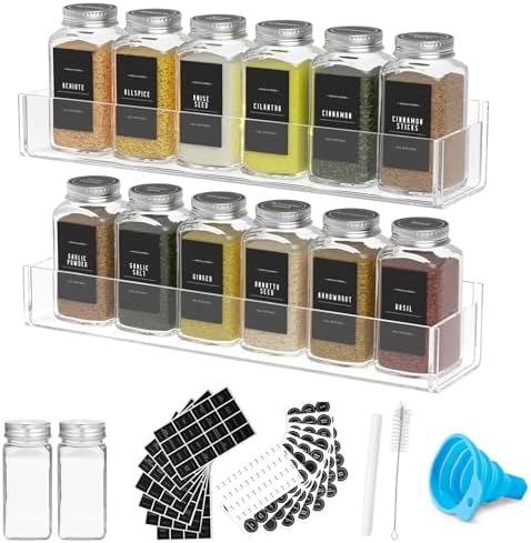 PMMASTO 2-Pack Clear Acrylic Self-Adhesive Spice Racks with 12 Empty Jars | Self-adhesive or Screw Mounting, 238 Spice Labels, Chalk Marker and Funnel, for Kitchen,Pantry Door And Bathroom Storage