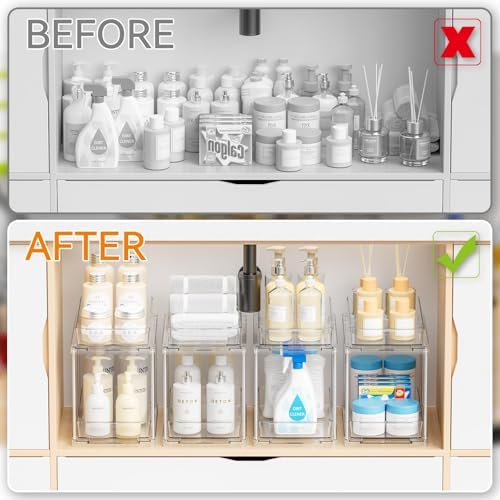 Yieach 4 Pack Under Sink Organizers and Storage,Clear Acrylic Bathroom Organizer and Cabinet Organization for Makeup,Medicine,Two Tier Pull Out Cabinet Organizer Drawers for Pantry,Vanity Storage Bins