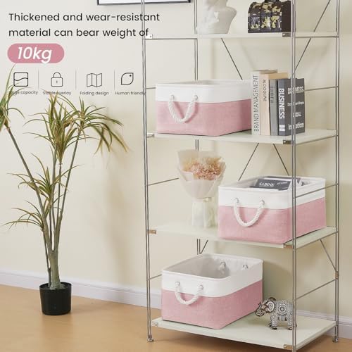 15.7x11.8x8.26 Inch Fabric Large Storage Bins with Handles 3 Pack | Foldable, Sturdy Metal Strand, Cardboard Support Molding, Fabric Storage Baskets for Shelves, Closet, Bedroom, White/Pink