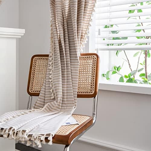 Sutuo Home Boho Curtain 84 Inches Length, Beige Stripes Print Curtain with Handmade Tassels, Rod Pocket Window Treatment Vintage Rustic Bohemian Farmhouse Drape for Bedroom 1 Panel 59" W x 84" L