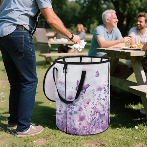 doginthehole Watercolor Purple Floral Butterfly Trash Can with Lid 23 Gallon, 22.83x17.71, Outdoor Recycling Bin Large Trash Can Outside Garbage Storage Bag for Camping Travel Beach