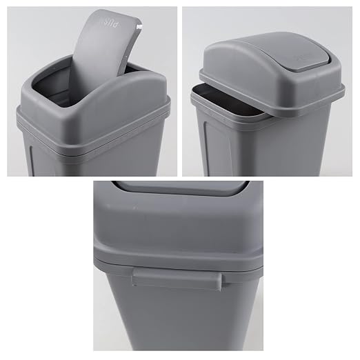 Idotry Plastic Swing Top Trash Can, Small Garbage Bin, 1.8 Gallon, Gray | Convenient Swing Top Lid, Space-Saving Slim Shape, Sturdy Thick Plastic, for bathroom, bedroom, living room