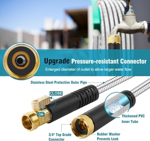 Metal Garden-Hose 200Ft Stainless Steel Water Hose Heavy Duty with 10 Way Nozzle-Flexible Lightweight Durable No Kink & Tangle，Strong 3/4’’ Solid Metal Fitting Shut-Off Valve for Outdoor Yard
