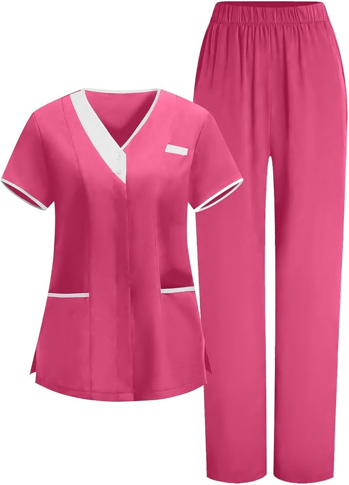 2026 Scrub for Cleaning Jobs Uniform, Multi Pockets Scrubs for Women Sets, V-Neck Top & Straight Leg Pants Scrubs Set
