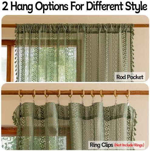 Sutuo Home Boho Curtains for Bedroom Living Room 72 inches Long, Crochet Lace Sheer Bohemian Hollow Knitted with Tassels, Privacy Vintage Farmhouse, Rod Pocket 1 Panel 59" W x 72" L,Olive Green