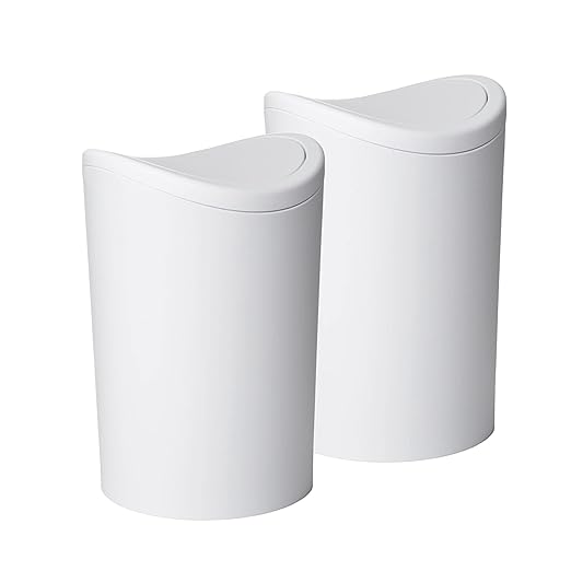Superio Small Bathroom Trash Can with Lid, Modern White Mini Waste Bin with Swing Lid (1 1/2 Gallon, 6 Liter) Plastic Garbage Can for Kitchen, Bathroom, Bedroom, Office, Under Desk (2, White)