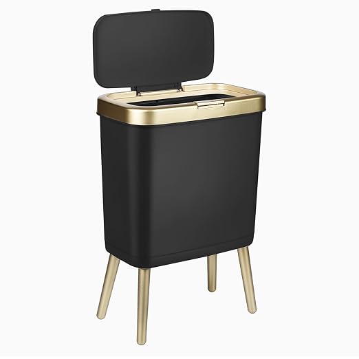 Bathroom Trash Can 4 Gallon, Dog Proof Trash Bin with Press Top Lid, Black Office Waste Basket with Gold Edge, Tall Narrow Garbage Cans for Kitchen, Toilet, Living Room, Bedroom