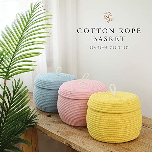 Sea Team Round Woven Cotton Rope Storage Basket with Lid, Pink | Lidded Knitted Decorative Storage Bin, Pot, Caddy, Organizer, Container for Snacks, Towels, Plants, 10 x 7.5 Inches