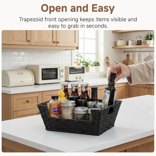 StorageWorks Pantry Baskets for Shelves, Snack Baskets, Black Paper Rope | Pantry Baskets for Patato and Onion Storage, Stackable Wicker Basket Organizer for Shelf, Woven Basket for Storage, 2-Pack