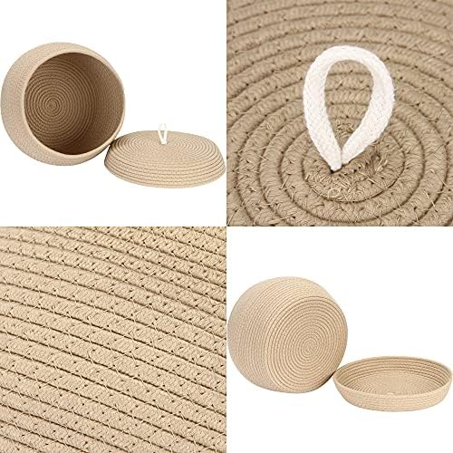 Sea Team Round Woven Cotton Rope Storage Basket with Lid, Khaki | Lidded Knitted Decorative Storage Bin, Pot, Caddy, Organizer, Container for Snacks, Towels, Plants, 13 x 9 Inches