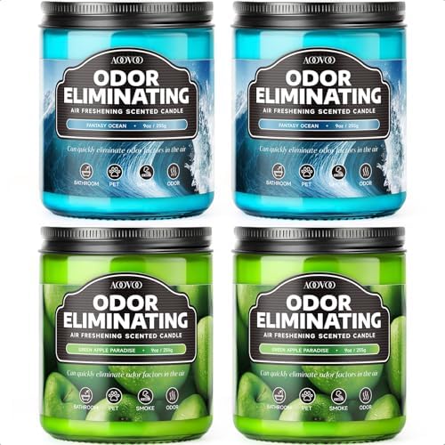 AOOVOO 4 Pack Odor Eliminating Candle Set - 36oz Fantasy Ocean/Green Apple | Eliminates 95% of Pet, Smoke, Food, and Other Smells Quickly, Highly Fragranced Non Toxic Air Freshing Soy Candle