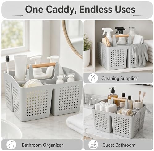 Portable Shower Caddy Basket with 3 Compartments and Handle, Light Gray | Plastic Divided Storage Caddy for Bathrooms, Apartments, Guest Rooms, Offices, Crafts and Under-Sink Organization