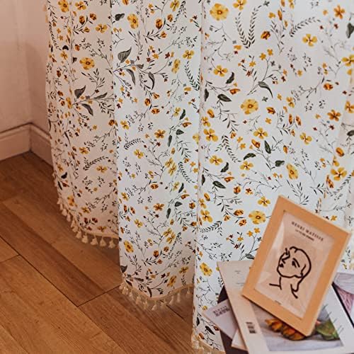 Sutuo Home Boho Curtain Semi-Blackout Vintage Florals Print Cotton Linen Fabric, Handmade Tassels Rod Pocket Bohemian Farmhouse Country Window Drape for Living Bedroom, 59" W x 63" L, 1 Panel