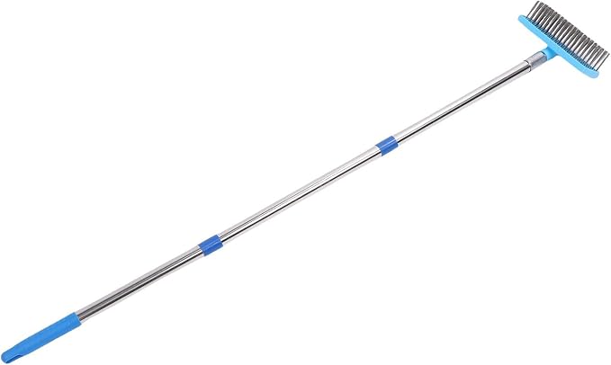 FTVOGUE Telescopic Wire Broom, Heavy Duty Moss Grime Scrubbing Brush for Patio Deck Stainless Steel PP 20cm Brush Head 120cm Length 3 Section Handle Outdoor Cleaner